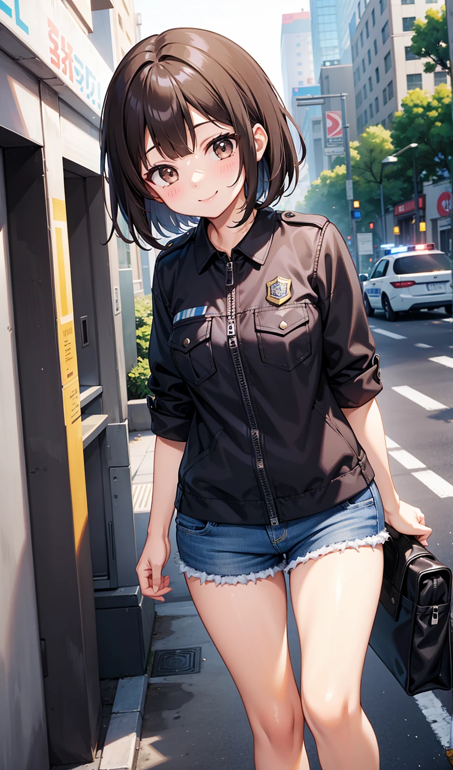 (One girl)、smile、Turn around、Police Officer、Dark brown short hair、Dark brown eyes