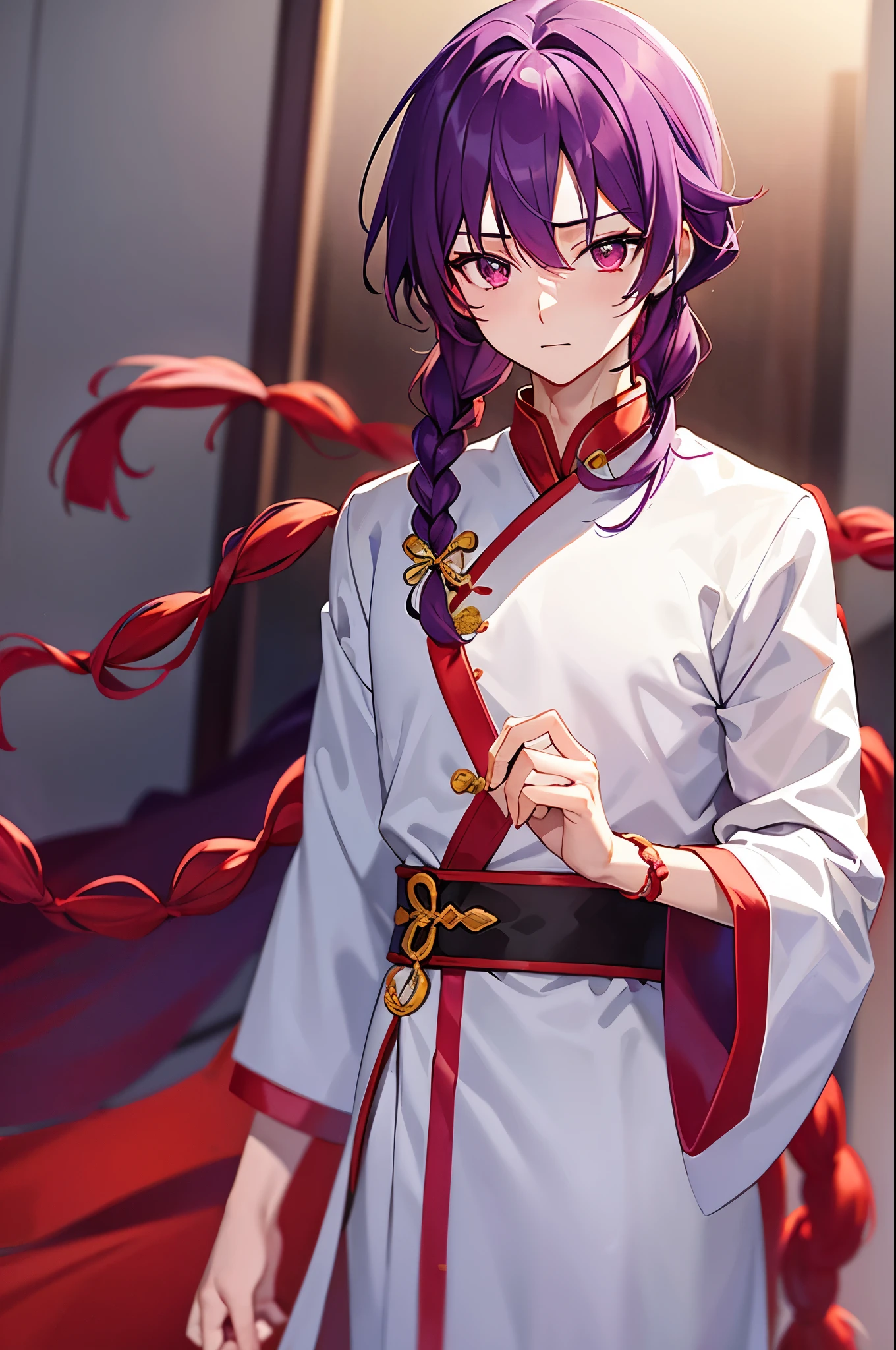 Purple Hair、Red eyes、White background、Anime characters、Knot、Braid、A man wearing Chinese clothing、Tang Suit、A young man with a determined look、Man standing facing forward、Adult male