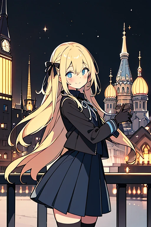 1girl，blond hairbl，with (long) white hair, Black jacket, dark blue shirt inside, dark blue skirt, black ribbon,  long black stockings, Light blue eyes，blush , black gloves, Fleet style, bright eyes, 16 years old, meium height, medium body weight, very big eyes, detailed, mature, sensitive, heart in eyes, European cities background, winter, night, beautiful night city view, masterpiece, best quality, wallpaper, no extra girls, ancient European buildings, 20th century style, dark background, midnight, big smile 