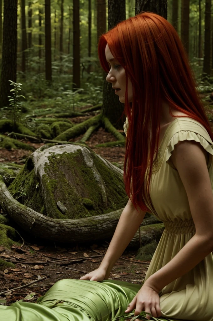 A girl with red hair and a green dress holding and crying over a dead body of a girl with gold hair and and ivory colored dress and the forest around them is soaked in blood