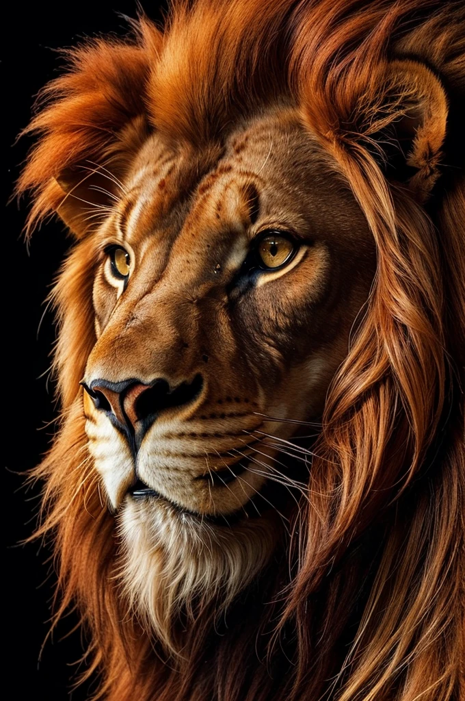 (high,realist,photorealistic:1.2), (Majestic red lion with fiery mane,loud and big roars), (oil painting,Hyper realistic), (Detailed muscles and hair.), (intense look),(dark background, contrasting colors), (Soft lighting with golden tones.)
