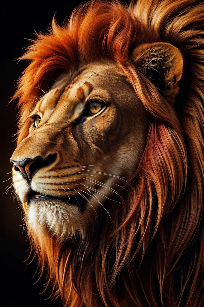 (high,realist,photorealistic:1.2), (Majestic red lion with fiery mane,loud and big roars), (oil painting,Hyper realistic), (Detailed muscles and hair.), (intense look),(dark background, contrasting colors), (Soft lighting with golden tones.)