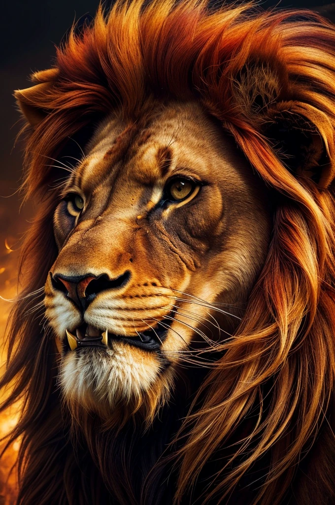 (high,realist,photorealistic:1.2), (Majestic red lion with fiery mane,loud and big roars), (oil painting,Hyper realistic), (Detailed muscles and hair.), (intense look),(dark background, contrasting colors), (Soft lighting with golden tones.)