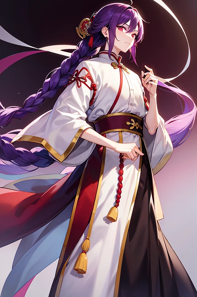 Purple Hair、Red eyes、White background、Anime characters、Knot、Braid、A man wearing Chinese clothing、Black and yellow outfit、A young man with a determined look、Man standing facing forward、Adult male