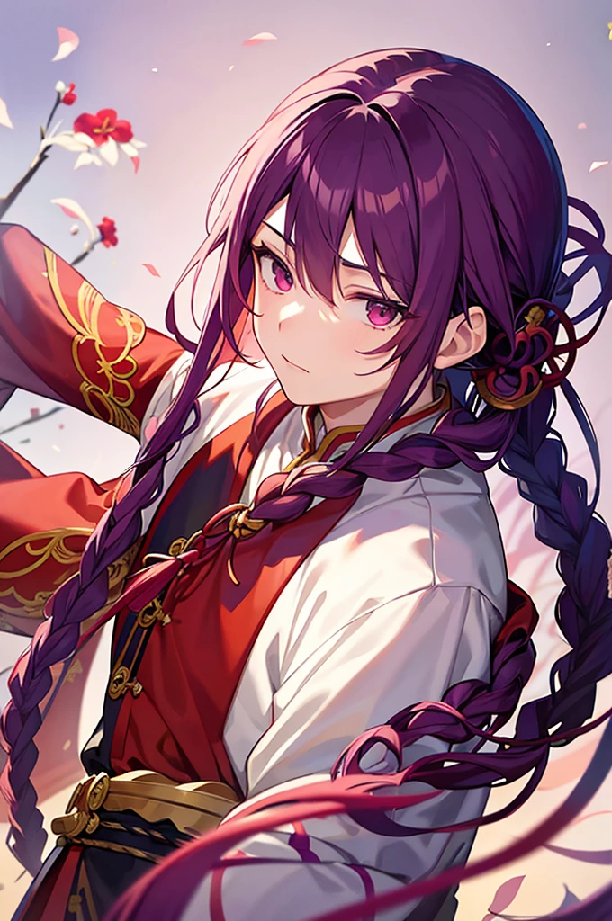Purple Hair、Red eyes、White background、Anime characters、Knot、Braid、A man wearing Chinese clothing、Black and yellow outfit、A young man with a determined look、Man standing facing forward、Adult male