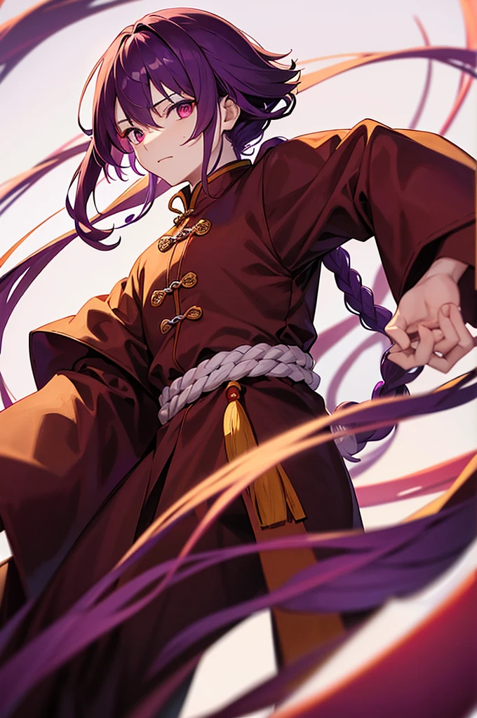 Purple Hair、Red eyes、White background、Anime characters、Knot、Braid、A man wearing Chinese clothing、Black and yellow outfit、A young man with a determined look、Man standing facing forward、Adult male