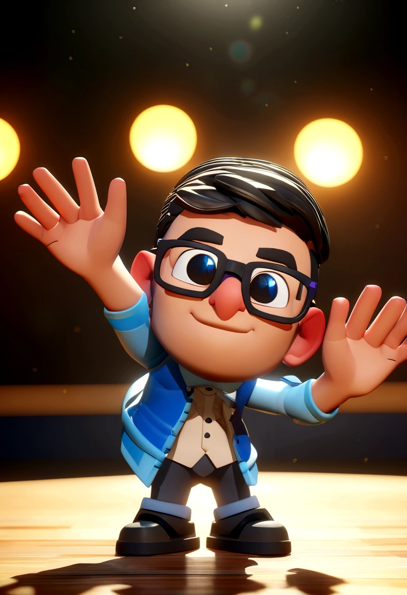 Cartoon character of a man with black glasses and a blue shirt, animation character, Caractere estilizado, animation style rendering, 3D estilizado, Arnold Maya render, 3 d render stylized, toon render keyshot, Personagem 3D, Personagem 3D, 3d rendering stylized, 3 d character render, personagem de desenho animado, Personagem de close up, Pose de personagem, (Estilo Pixar) (master part:1.2) (Bokeh) (best quality) (pele detalhada) (textura detalhada) (8k) (argila) (Cinematic lighting) (foco nítido