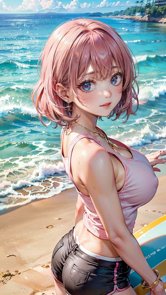 (Masterpiece, BestQuality:1.3), (ultra detailed:1.2), (hyperrealistic:1.3), (RAW photo:1.2), High detail RAW color photo, professional photograph, (Photorealistic:1.4), (realistic:1.4), professional lighting, perfect anatomy, (Big Breasts:1.2), (blush, detailed face), (cheerful Smile:1.5), (Pink Hair:1.5), Trending Hair&Trending Hairカラーをランダムに, earrings, necklace, bracelet, sexly, erotic sexly, Random sexy gravure poses, (A beautiful woman wearing shorts and a tank top、Smiling seductively while holding a surfboard on the beach。Sticking out your ass、Healthy tan skin is attractive。:1.3)