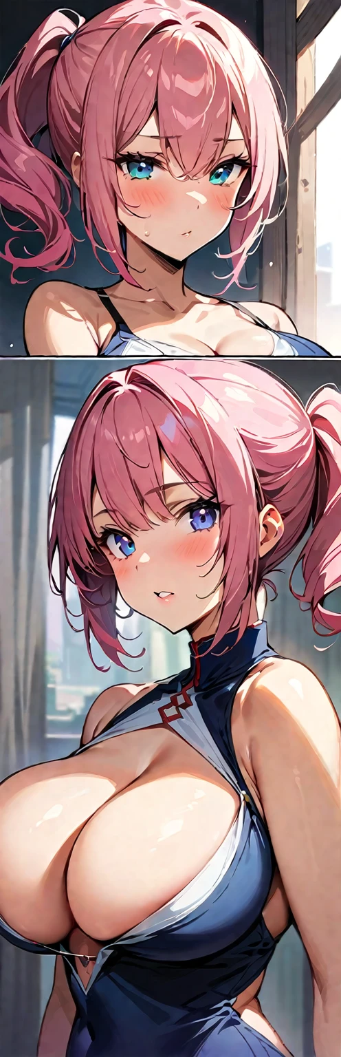masterpiece, best quality, ultra high resolution, beautiful and good hair,delicate face, perfect woman face, Double ponytail hairstyle, pink hair, (:1.4), breast sagging, huge cleavage,Mai Shiranui'Costumes from the King of Fighters game, red clothes,sling corset,hair accessories,(:1.8), breast sagging, huge cleavage, Accessories Squeeze your breasts outward.,chest compressiony face turned red with shame.,transparent,sitting on a pink bed,Exposure of the pectoral muscles