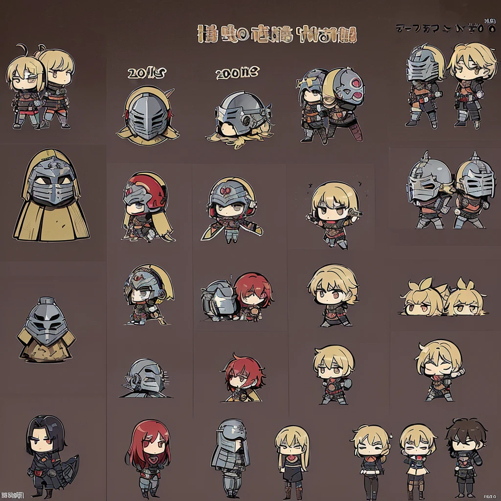 ((((Chibi Character、Character sheet 10 people))))、(((Iron Mask、Iron helmet、Iron Mask))),、Highest quality, Best Quality,Best illustrationedieval Armor、Medieval Knight、Full grey armor、(((20-year-old male)))、battlefield、wasteland、(((Living in the desert)))、(Simple Background)、(Mr.々Expression)