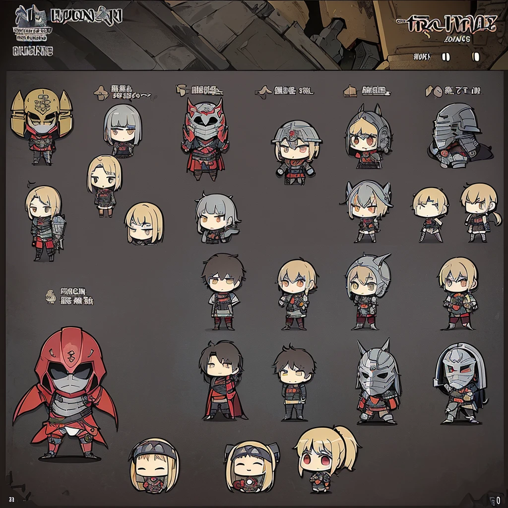 ((((Chibi Character、Character sheet 10 people))))、(((Iron Mask、Iron helmet、Iron Mask))),、Highest quality, Best Quality,Best illustrationedieval Armor、Medieval Knight、Full grey armor、(((20-year-old male)))、battlefield、wasteland、(((Living in the desert)))、(Simple Background)、(Mr.々Expression)