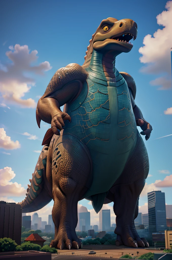 a giant dinosaur, city background, high detailed dinosaur, realistic dinosaur, hyperrealistic dinosaur, massive dinosaur, towering dinosaur, rampaging dinosaur, urban cityscape, futuristic city, skyscrapers, modern architecture, detailed cityscape, intricate city details, cinematic lighting, dramatic lighting, deep shadows, vibrant colors, photorealistic, 8k, high resolution, masterpiece, ultra-detailed, professional 3d render