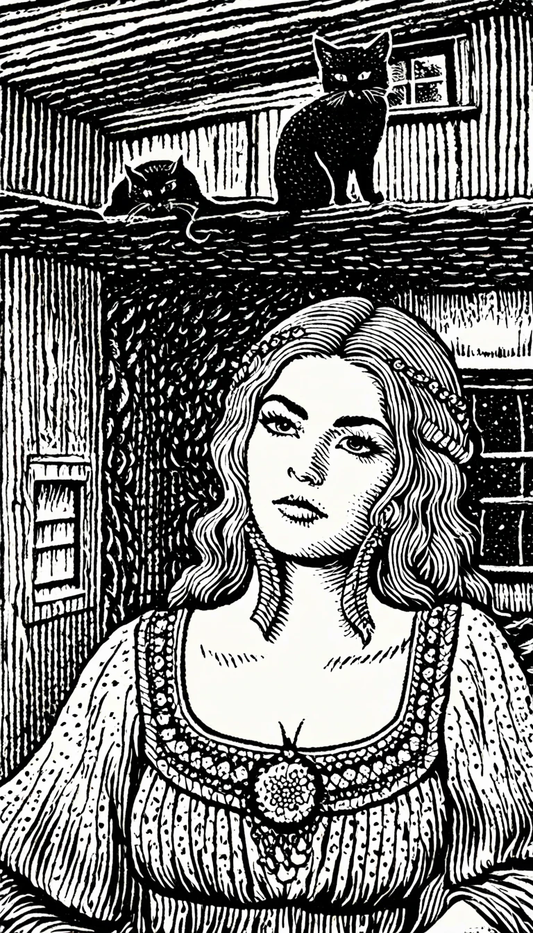 (Black and white woodcut:1.5)、(Second floor in black and white.)、foreground, dark and sinister atmosphere、front face of a hippie woman with a headband, dressed with feather earrings,  wide, with a wool blouse,  with bare shoulders, huge breasts, with a black cat behind her in a cabin full of quartz and geodes., Mysterious、