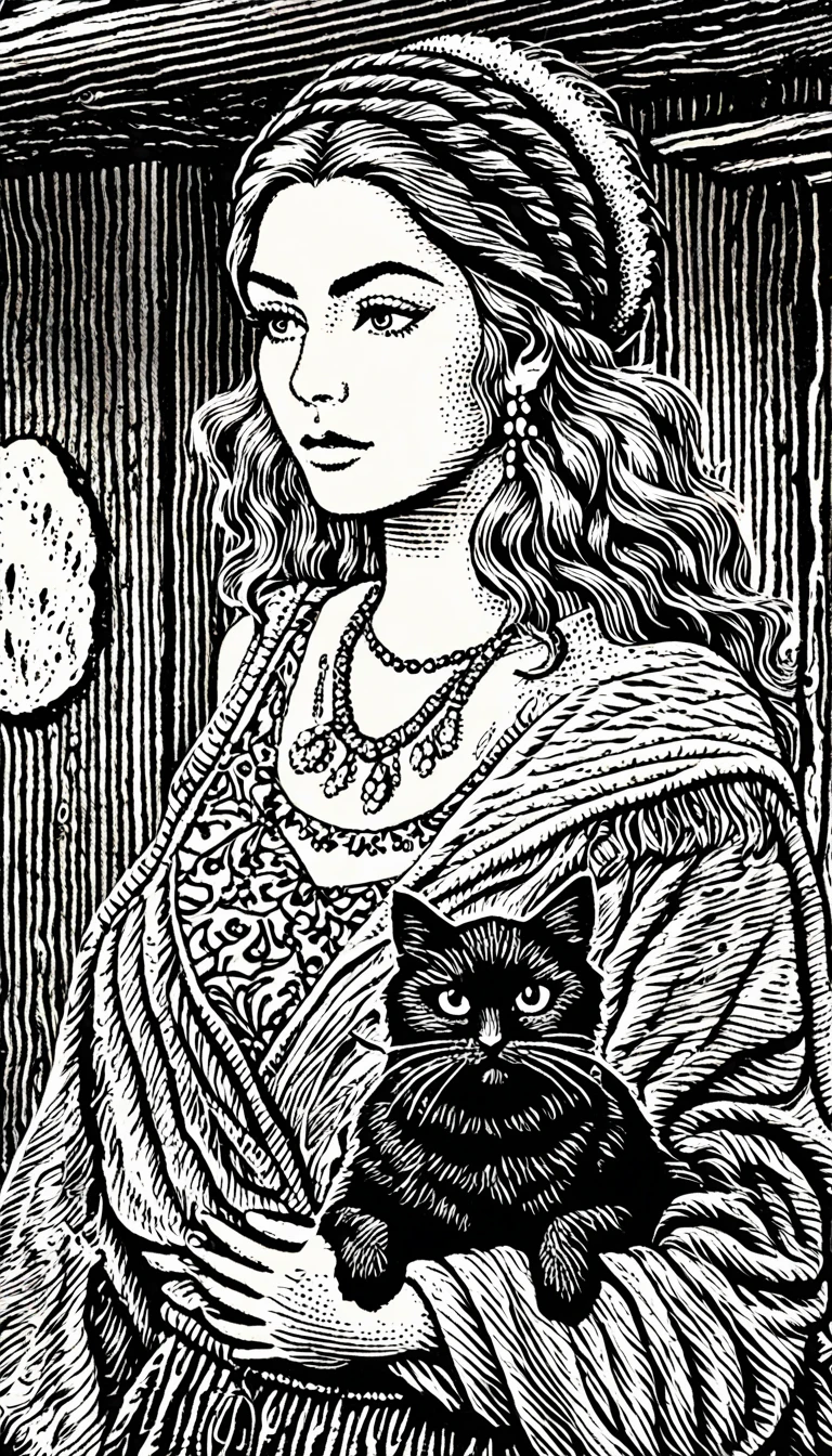 (Black and white woodcut:1.5)、(Second floor in black and white.)、foreground, dark and sinister atmosphere、front face of a hippie woman with a headband, dressed with feather earrings,  wide, with a wool blouse,  with bare shoulders, huge breasts, with a black cat behind her in a cabin full of quartz and geodes., Mysterious、