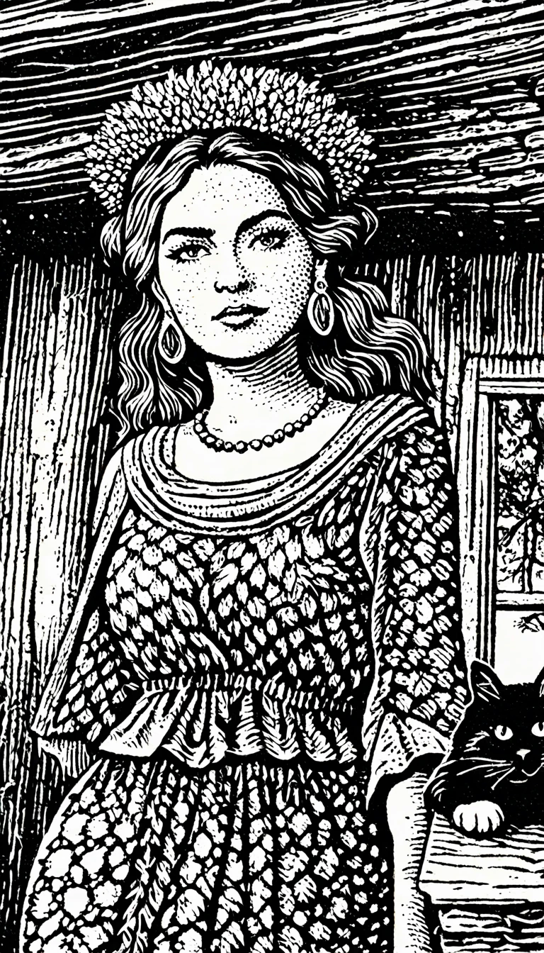 (Black and white woodcut:1.5)、(Second floor in black and white.)、foreground, dark and sinister atmosphere、front face of a hippie woman with a headband, dressed with feather earrings, wide, with a wool blouse, with bare shoulders, huge breasts, with a black cat behind her in a cabin full of quartz and geodes., Mysterious、