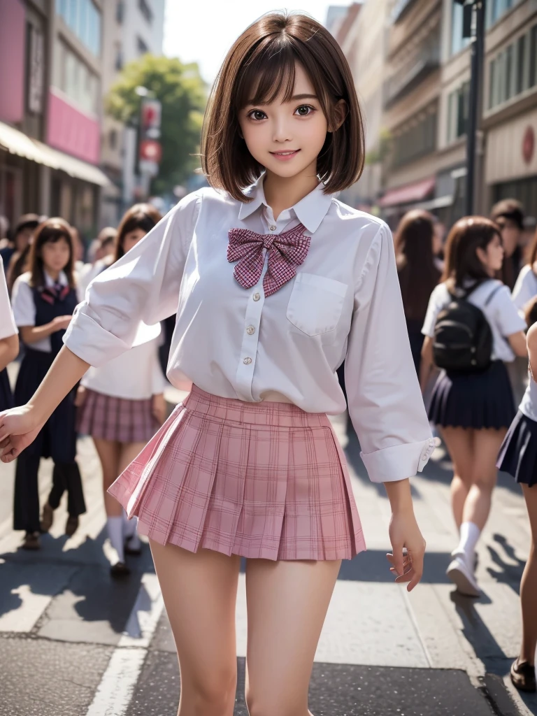 (8K, RAW Photos, Highest quality, masterpiece:1.2), (Realistic, photo-Realistic:1.4), (extremely detailed 8K wallpaper), ((Full Body Shot)), (((1 girl))), Sharp focus, Depth of written boundary, Cinematic lighting, Soft Light, (緻密な美しさのeye, eye_Chan, Very beautiful 17 year old girl, innocent big eyes, Realistic, photo Realistic, Highly detailed cute girl, (Thin thighs), (Model Body Type), (Brown Hair), (Medium Bob Hair), (Asymmetrical bangs), ((A happy smile)), Glowing Skin, Ultra-dense skin ,High resolution, High Detail, Detailed hairstyle, Detailed facial beauty, hyper Realistic, Perfect limbs, Perfect Anatomy, Perfect female body, (school uniform:1.3),(Mini Skirt Pink Checkered Micro Mini Skirt), Watching the audience, (Crowded city street:1.3)