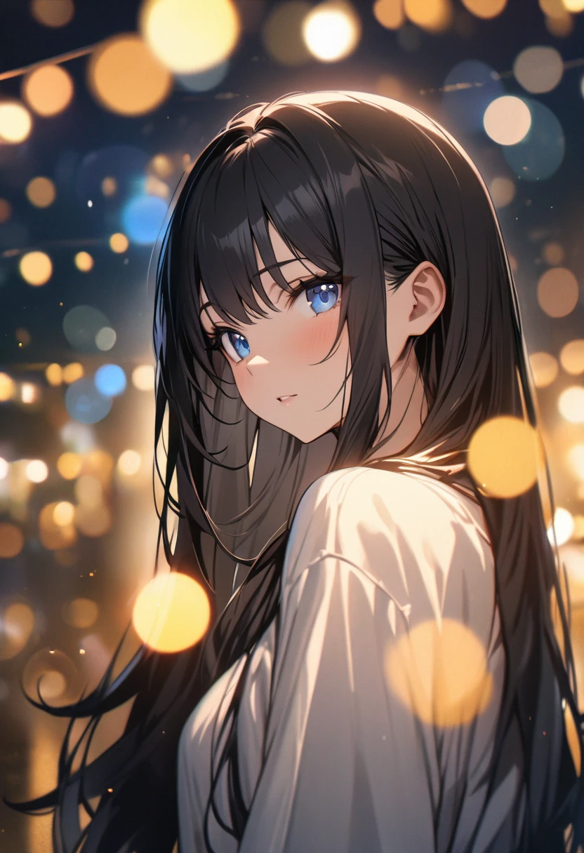 Full resolution, Highest quality, masterpiece, Full HD, Bokeh, particle Bokeh, Depth of written boundary, Beautiful girls, Very detailed, One girl, pretty girl, Black Hair, Long Hair, Blue water eyes