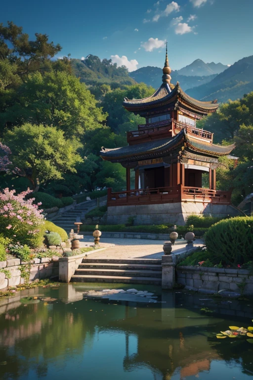 A beautiful detailed peach blossom garden in ancient China, lush peach trees in full bloom, intricate stone bridges, serene ponds with lotus flowers, exquisite traditional Chinese architecture, ancient scholars strolling through the garden, (best quality,4k,8k,highres,masterpiece:1.2),ultra-detailed,(realistic,photorealistic,photo-realistic:1.37),HDR,UHD,studio lighting,ultra-fine painting,sharp focus,physically-based rendering,extreme detail description,professional,vivid colors,bokeh,landscape,intricate details,cinematic lighting,warm color palette