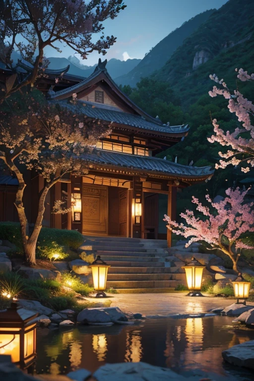 A beautiful detailed peach blossom garden in ancient China, lush peach trees in full bloom, intricate stone bridges, serene ponds with lotus flowers, exquisite traditional Chinese architecture, ancient scholars strolling through the garden, (best quality,4k,8k,highres,masterpiece:1.2),ultra-detailed,(realistic,photorealistic,photo-realistic:1.37),HDR,UHD,studio lighting,ultra-fine painting,sharp focus,physically-based rendering,extreme detail description,professional,vivid colors,bokeh,landscape,intricate details,cinematic lighting,warm color palette