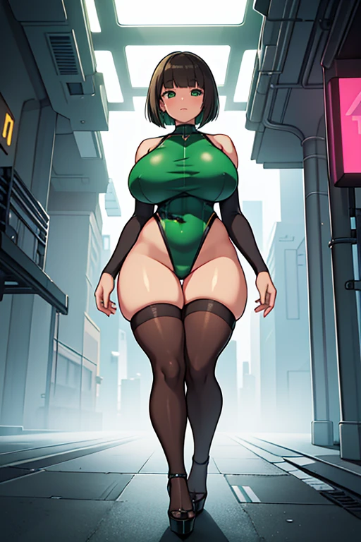 young woman, thick hips, thick thighs, platform heels, green high cut leotard, very huge breast, thin waist, Bob cut hair, Brown skin, very Big thighs, sleves, shoulderless, stockings, standing, front pose cyberpunk,