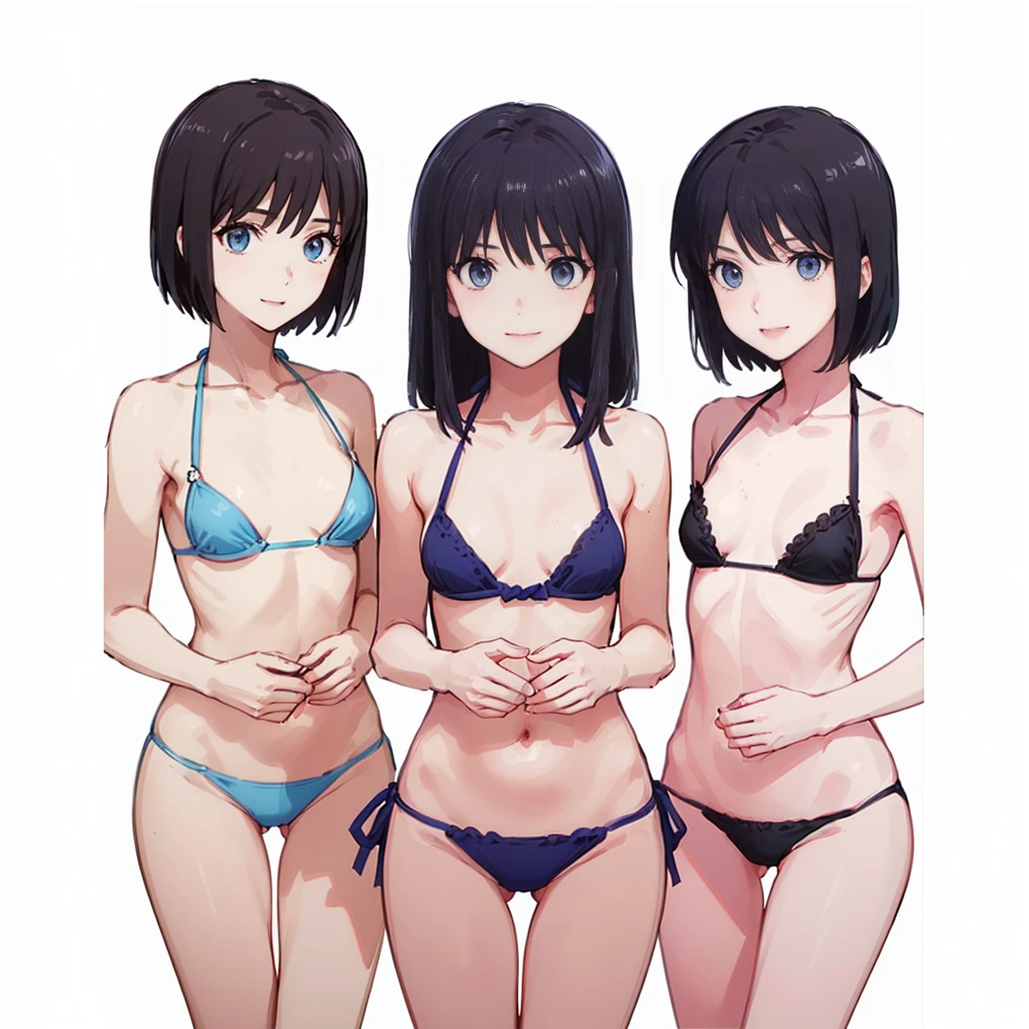 9(((High resolution))), (((Very detailedな))), (((Three Girls:1.3))),((7Head to Body:1.3))、 (((Midday Blue Background)))、(((Happy expression))), (((smile:1.5)))、(((Beautiful and detailed eyes:1.3))), (((Very detailed))), (((Details face:1.5))), break , ,sunny, ,(((Mini Suit、bikini、:1.2)))、(((ホルタートライアングルTバッグbikini:1.3)),((Very delicate body))、((Very flat chest))、((Small waist))、((thigh gap:1.2))、Friendly atmosphere、