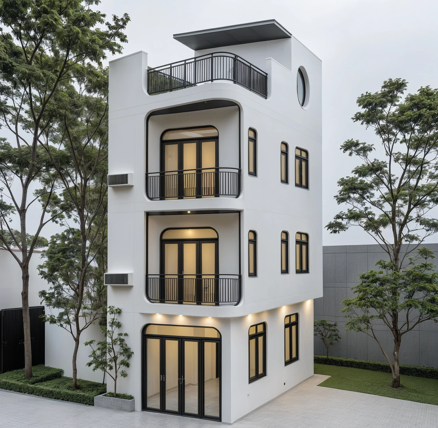 RAW photo, a photo of a modern house, (curvilinear archrchitecture:1.4), Wabisabi style rounded wall, white wall, steel black gate, sidewalk, sidewalk trees, ((grey gate:1.2)), road, viet nam modern residence, ((architectural shot)), rough white wall, new residential area, wide angle exterior 2022, contemporary house, exterior photography, masterpiece, contemporary architecture, overcast, indirect lighting