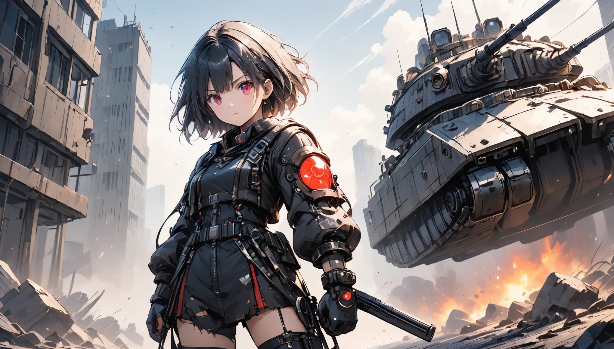 (anime style:1.4),(Detailed depiction of faces),超High resolution, Attention to detail, high quality, High resolution, 最high quality, 4K, 8K,A young female warrior in a high-tech black powered exosuit with glowing red LED accents, standing on rubble in a post-apocalyptic setting, photorealistic anime style, short black bob hairstyle, glowing red eyes, holding a rifle in one hand, ((wearing a tattered, billowing robe that is heavily damaged and frayed)), confident and fierce expression,(cute),((in the background a damaged and smoking military tank))