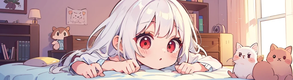 ((((1girl:1.5)))), white hair, red eyes, long hair, (collarbone:1.4), (2d, chibi, cute, cute, small , big eyes), skin color white, think about something, background/(in the room ,modern girl's room, bed, Soft mood lighting), ((((rose)))), (Bamboo Spear)