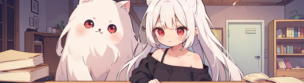 ((((1girl:1.5)))), white hair, red eyes, long hair, (collarbone:1.4), (2d, chibi, cute, cute, small , big eyes), skin color white, think about something, background/(in the room ,modern girl's room, bed, Soft mood lighting), ((((rose)))), (Bamboo Spear)