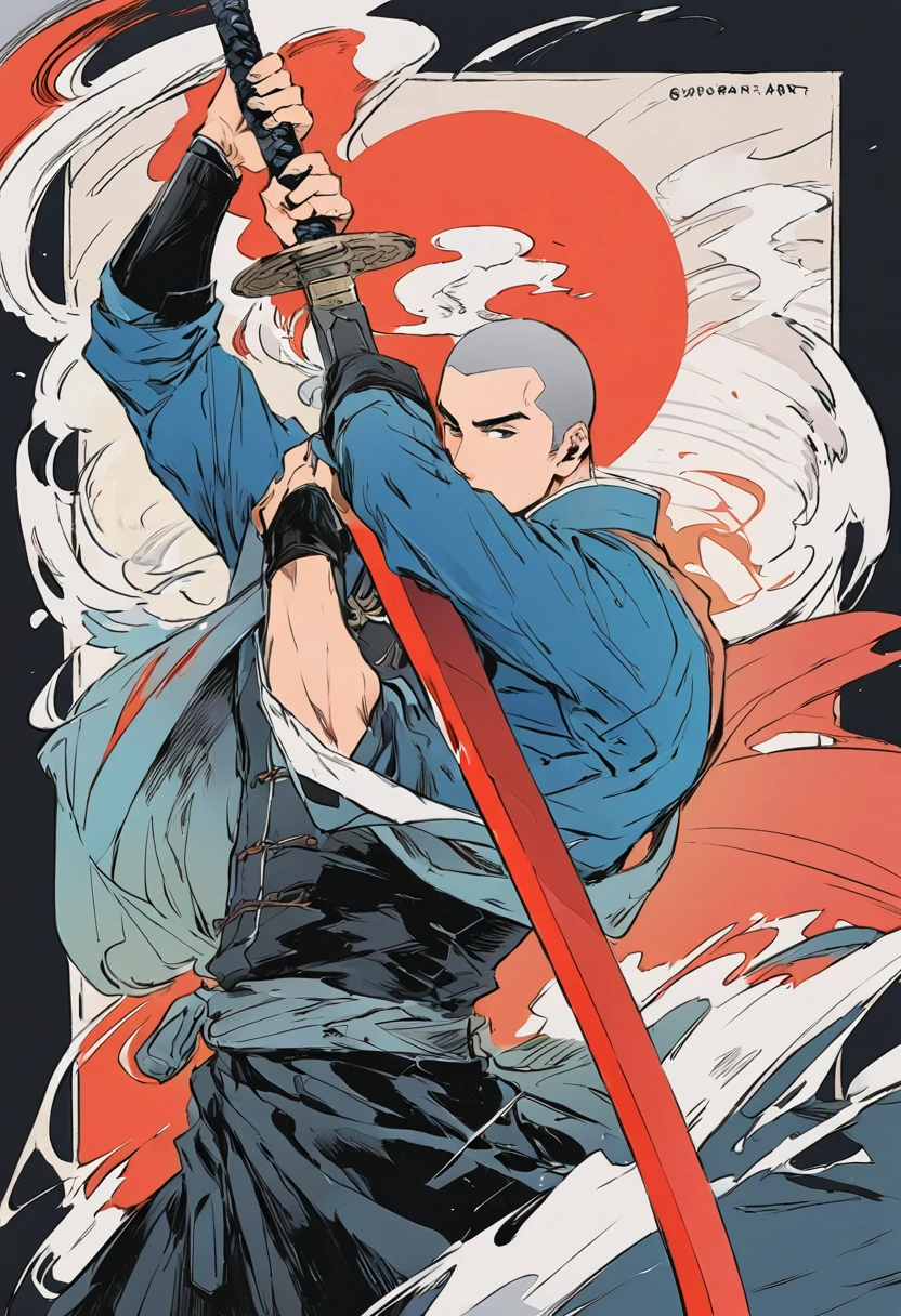 Chinese swordsman,Male swordsman,muscular,short hair,Buzz Cut,Handsome,Simple lines,Abstract Art,Holding a red long sword,