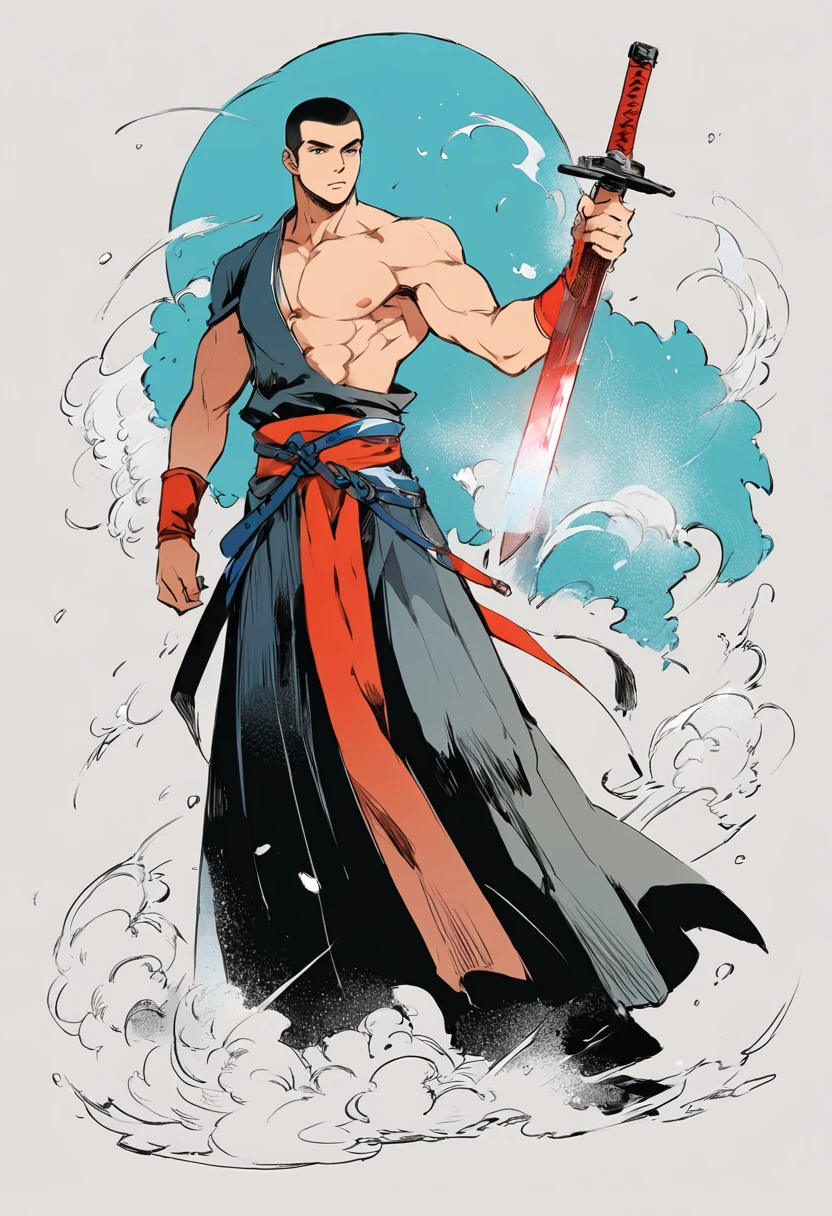 Chinese swordsman，Male swordsman，muscular，short hair，Buzz Cut，Handsome，Simple lines，Abstract Art，Holding a red long sword，