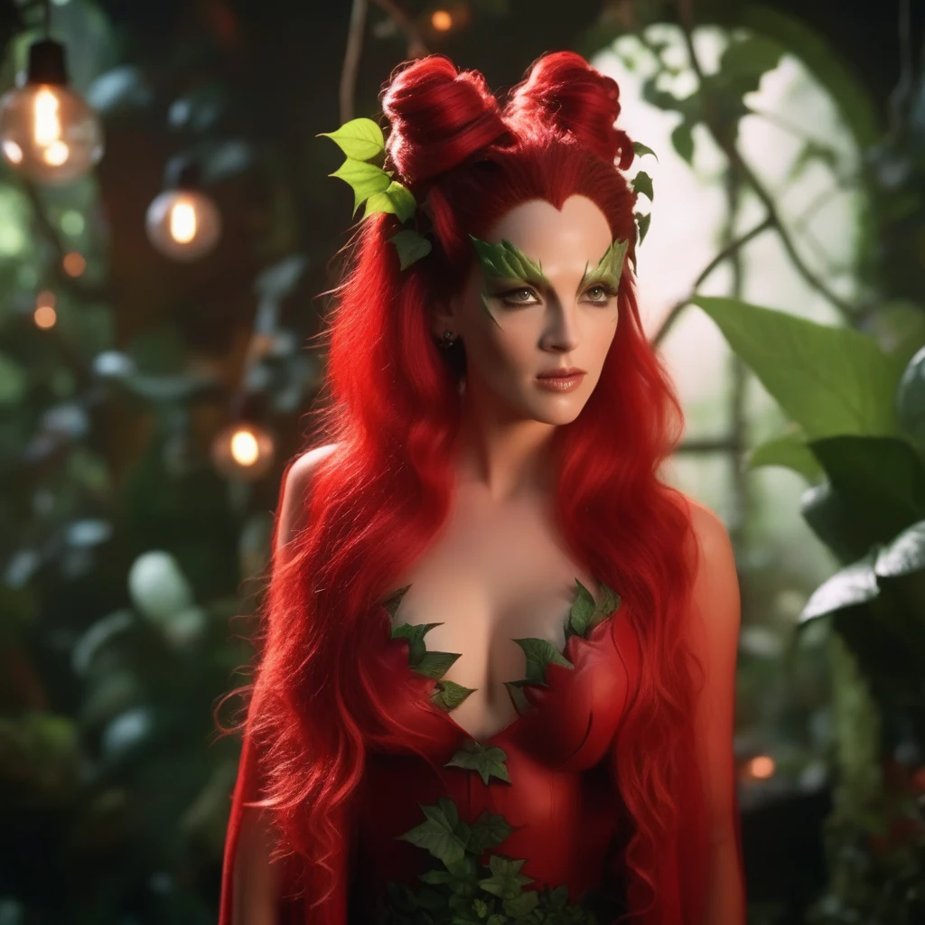 Ultra realistic extremely beautifully detailed 8k picture of 1 gorgeously cute and cool woman uma poison ivy with big wavy hair pulled back into extremely tall two curly hair buns in garden lair. , Red outfit lingerie robe, extremely detailed eyes mouth and facial features, gorgeous breathtaking composition and epic cinematic lighting