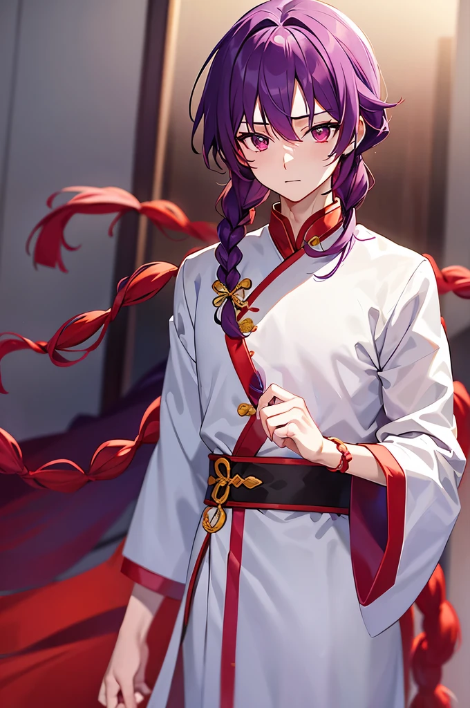 Purple Hair、Red eyes、White background、Anime characters、Knot、Braid、A man wearing Chinese clothing、Tang Suit、A young man with a determined look、Man standing facing forward、Adult male