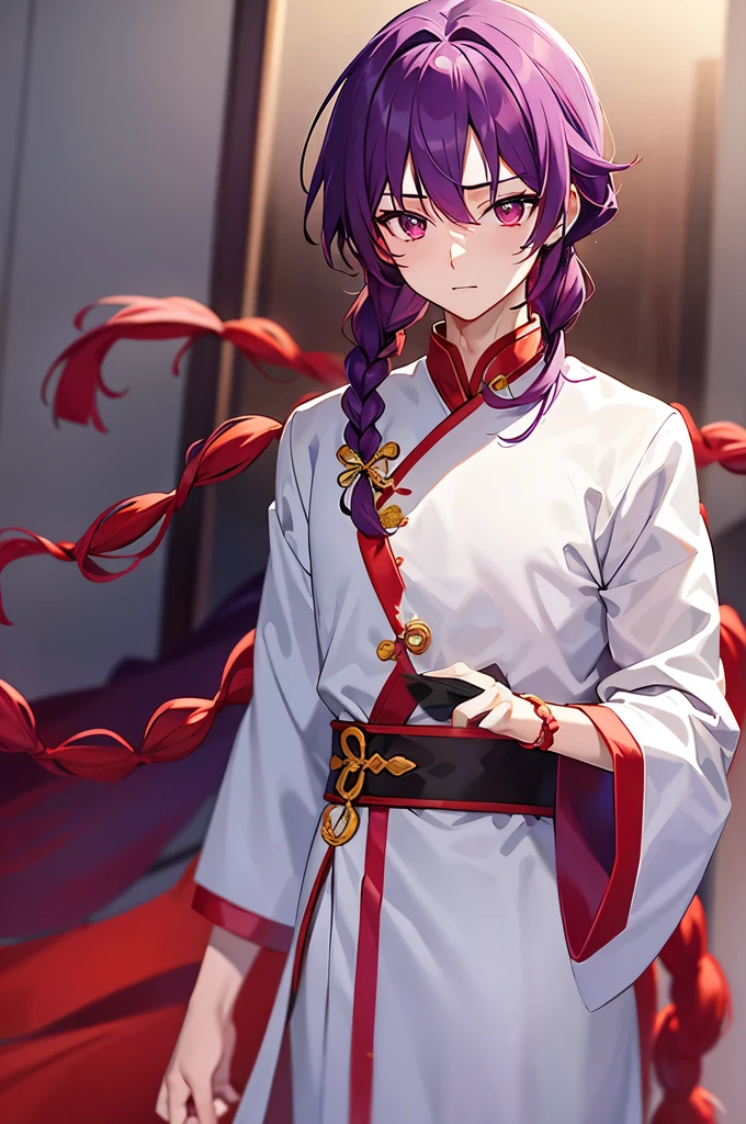 Purple Hair、Red eyes、White background、Anime characters、Knot、Braid、A man wearing Chinese clothing、Tang Suit、A young man with a determined look、Man standing facing forward、Adult male