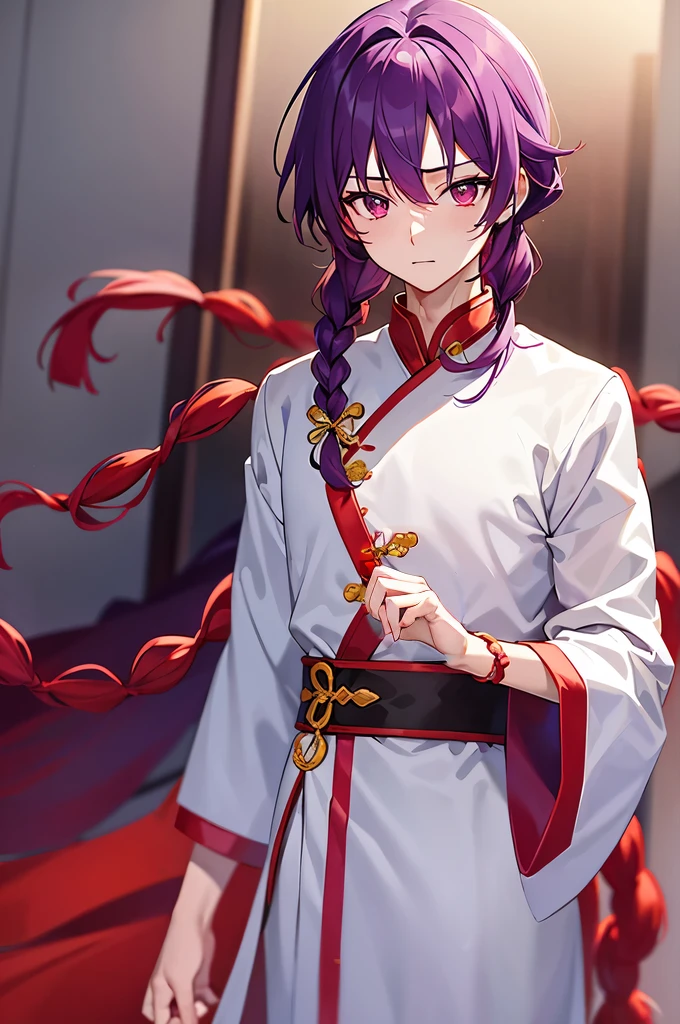 Purple Hair、Red eyes、White background、Anime characters、Knot、Braid、A man wearing Chinese clothing、Tang Suit、A young man with a determined look、Man standing facing forward、Adult male