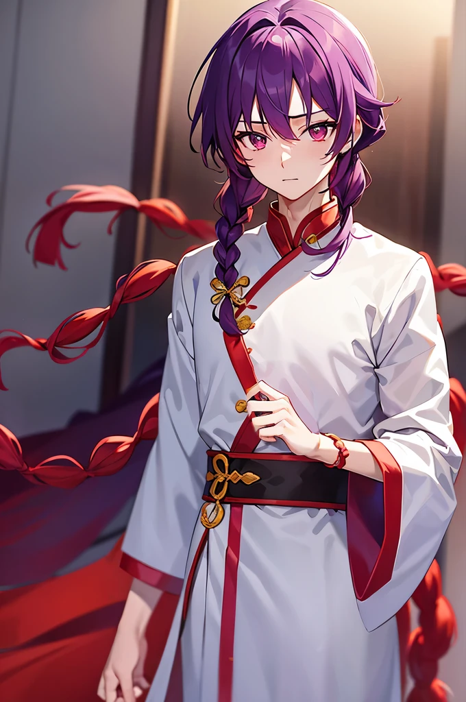 Purple Hair、Red eyes、White background、Anime characters、Knot、Braid、A man wearing Chinese clothing、Tang Suit、A young man with a determined look、Man standing facing forward、Adult male