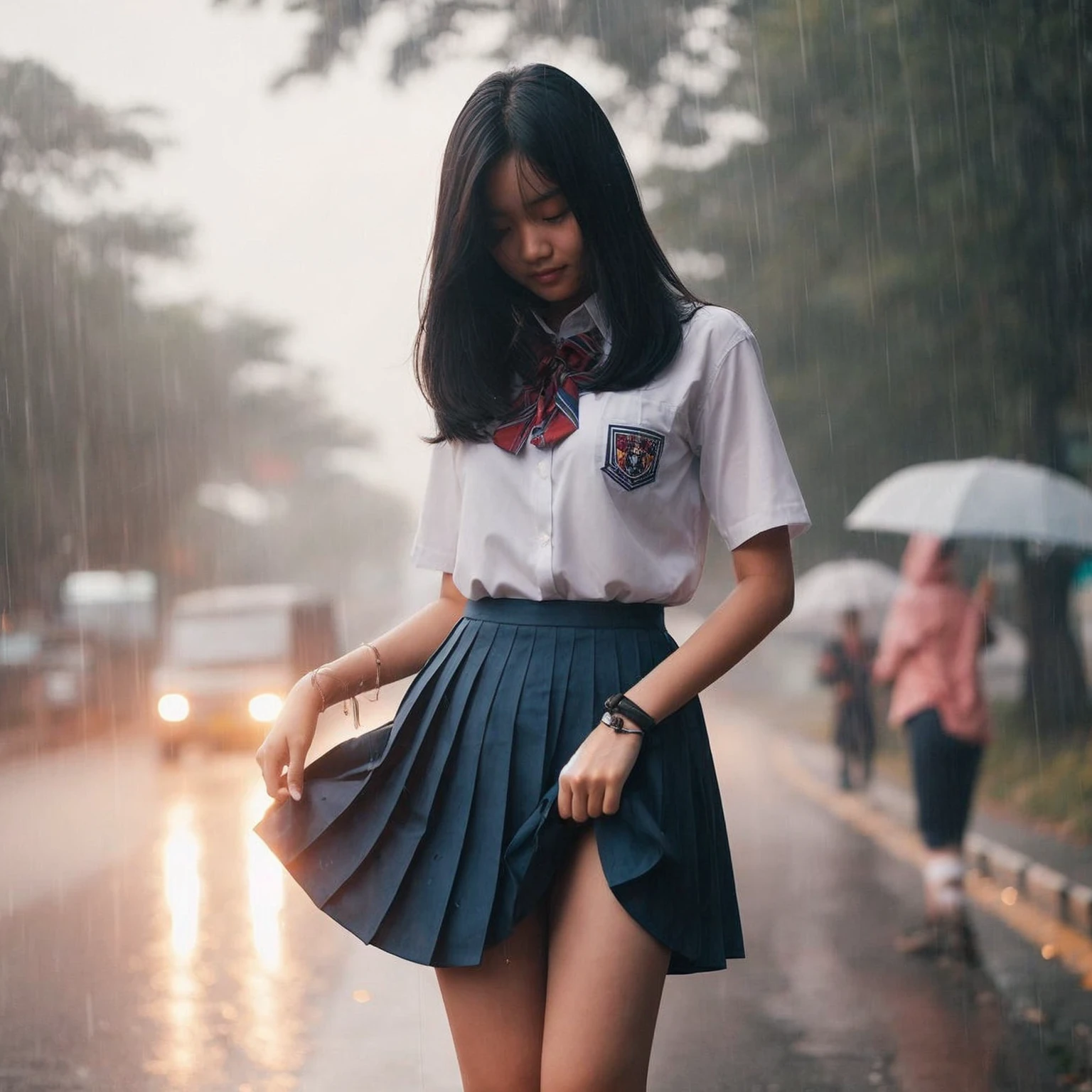 An Indonesian young woman wearing a high is getting rained on. She is holding her skirt up high to keep it from getting wet. The background shows the side of the road in the late afternoon.