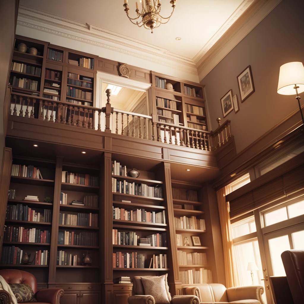 High ceiling living room Decorated with bookshelves