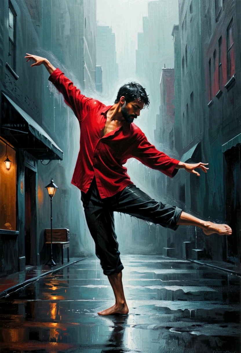 Soul Dancer Mark,heavy rain,A homeless man dancing alone in the rain,Soaked clothes,Barefoot,Loose and worn clothes,Professional ballet movements,Leg lift,Very contagious,Splash,Sense of Power,Light and Shadow,Minimalism,artistic conception,Clean background