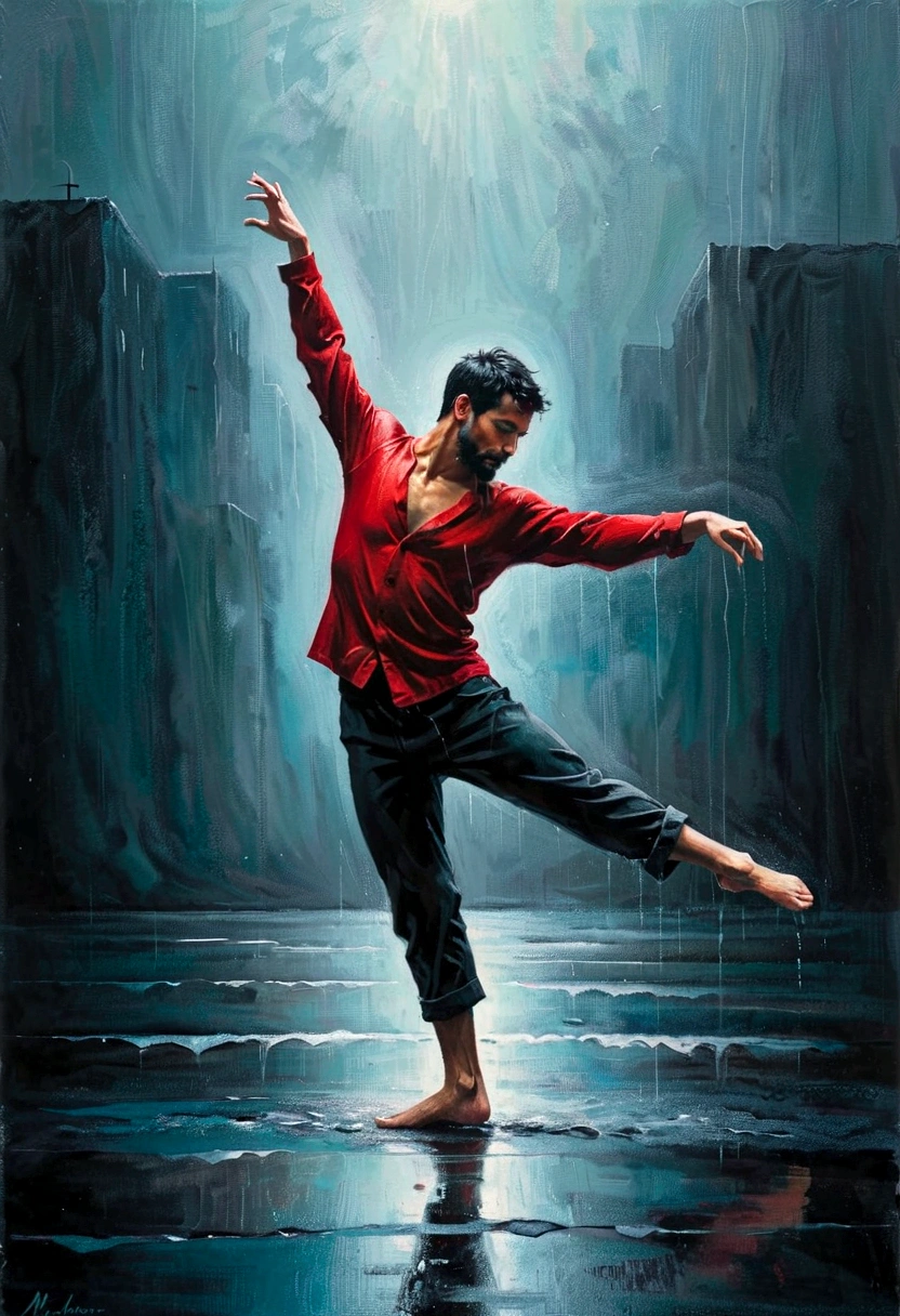 Soul Dancer Mark,heavy rain,A homeless man dancing alone in the rain,Soaked clothes,Barefoot,Loose and worn clothes,Professional ballet movements,Leg lift,Very contagious,Splash,Sense of Power,Light and Shadow,Minimalism,artistic conception,Clean background