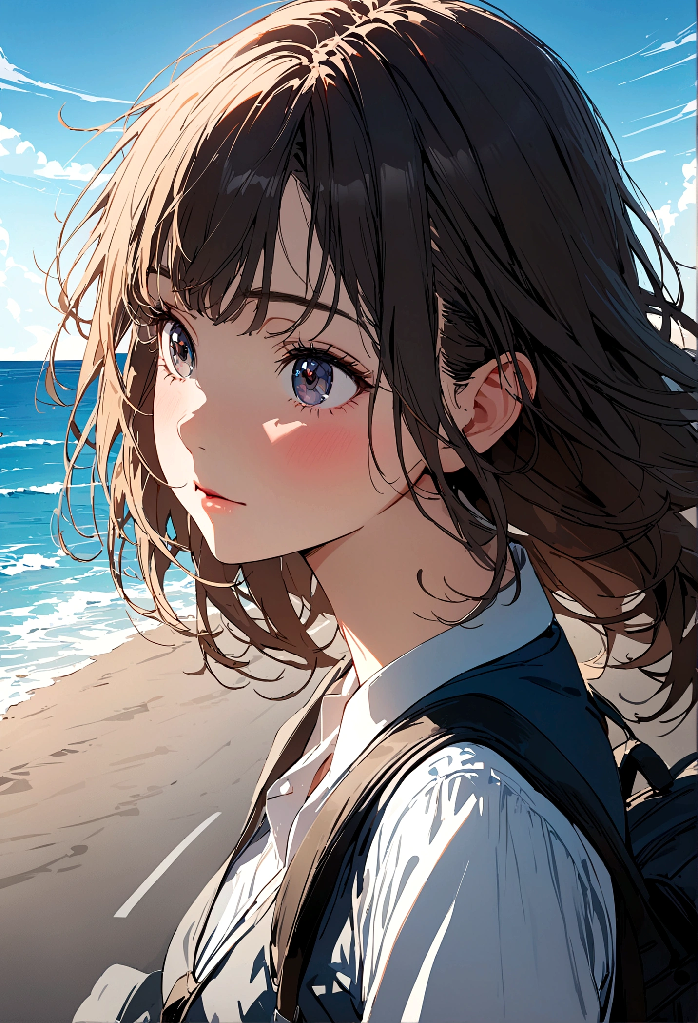 High school girl and boy in school uniforms, clear skies, running on road leading to ocean, girl running in front of boy, summer, focus on beautiful girl and boy, close-up of beautiful girl and boy, masterpiece, top quality, 8k, super detailed, animated illustration,
