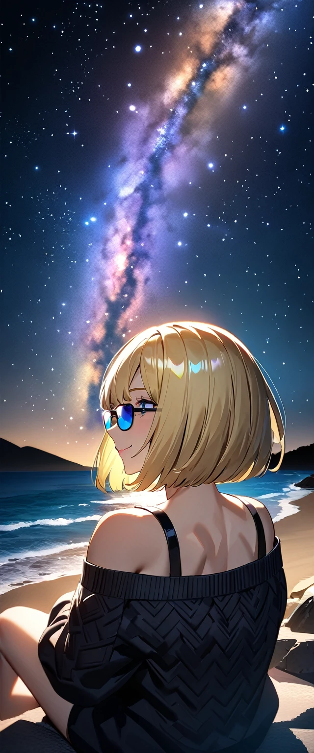 (((a beautiful starry sky, the Milky Way shining beautifully in the night))), ((bare legs)), (((sunglasses, hand to sunglasses))), ((Aran sweater)), ((((from back)))), upper body, ((sitting on the very high cliff)), wavy hair, inward curled hair, sea, beach, ((blond hair, bob cut:1.3)), breasts, teenager, (looking at another), oversized clothes, puffy long sleeves, ((off-shoulder sweater:1.3, Quite thick shoulder straps)), ((black sweater)), collarbone, head tilt:1.3, (((blue eyes))), happy smile, (((anime style))), (best quality, 4K, 8K, highres, masterpiece:1.2, ultra-detailed, ultra-detailed eyes, HDR, uhd, studio lighting, ultra-fine painting, sharp focus, physically-based rendering, extreme detail description, professional, vivid colors, bokeh)