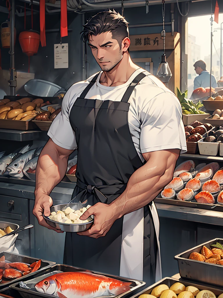 men in white tank-top and dark gray shining apron over, muscular and handsome,fish market