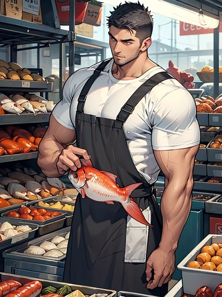 men wear dark gray shining apron over white T-shirt, muscular and handsome,fish market