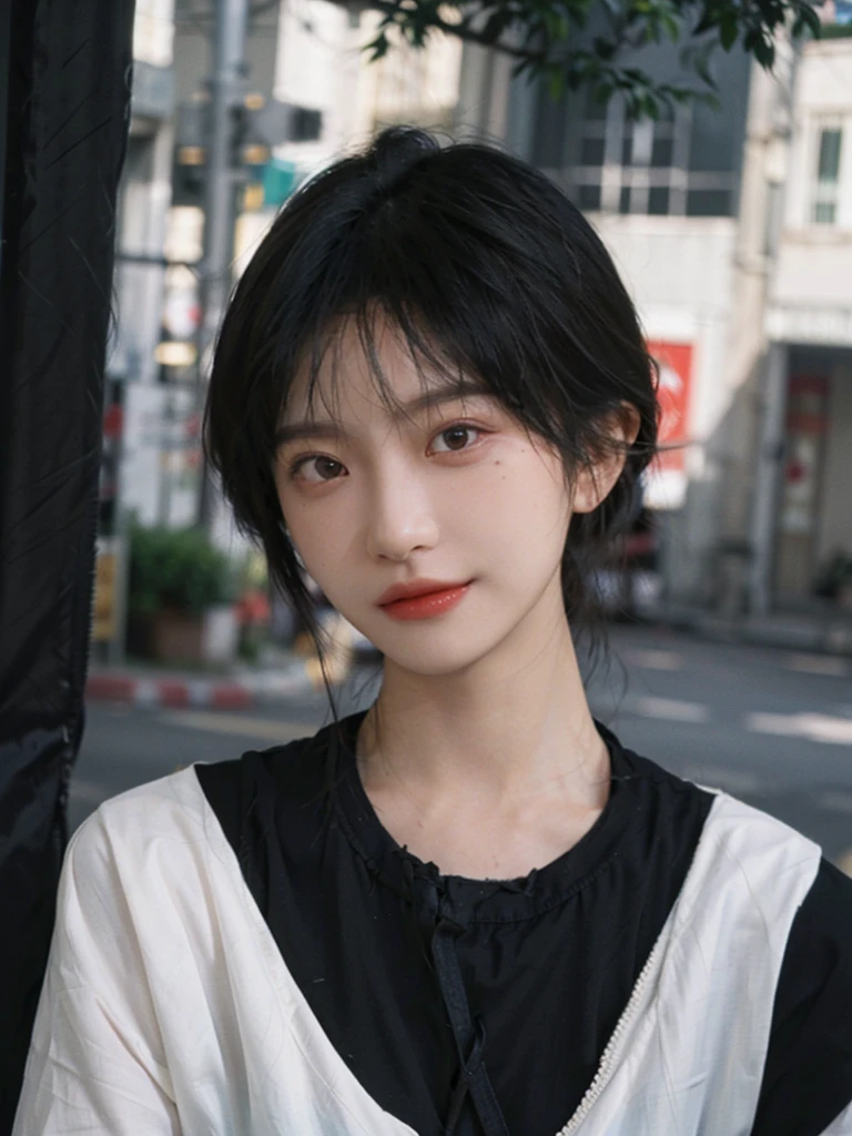 (Skin details:1.4), (smooth skin textures:1.3), （Upper body：1.4），（Upper Body：1.3)，(Black clothes:1.4)，Lipstick, background, earrings, serene, calm, (Realistic and detailed eyes：1.2）, Natural skin texture, Realistic facial details, Soft dramatic lighting, Vivid details, 35 mm film, outdoor, (Photo Practical:1.4), (hyper Practical:1.4), (Practical:1.3), (Smoother lighting:1.05), (Improve lighting quality:0.9), (Highest quality real skin textures:1.4), Exquisite eyes, Delicate face, Close-up of face, (Enhance the beauty of skin texture:1.1),0Normal body proportions, short hair, Moles under the eyes, A faint smile,Portrait Photography, Depth of Field, Bokeh, Surrealism, Ray Tracing, (Portrait Photography:1.1), Surrealism, High Detail, Chiaroscuro, Ray Tracing, reflected light, Ultra HD, Ultra HD, masterpiece, Textured Skin, Super Detail, High Detail, high quality, best quality