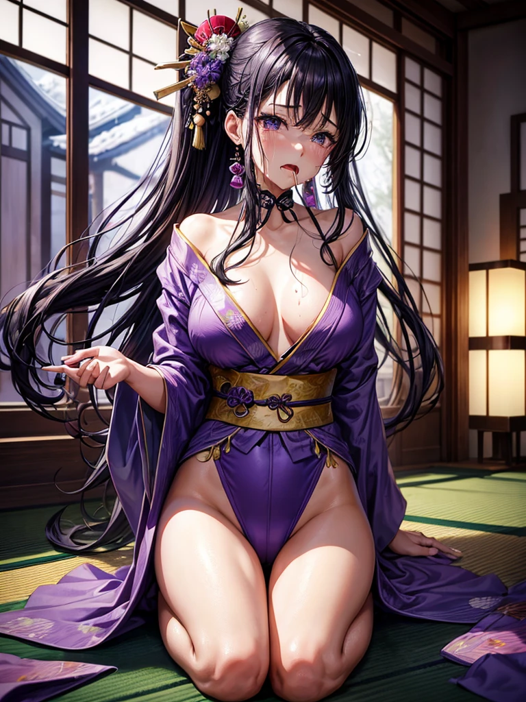 Highest quality,Highest Resolution,A crying beautiful woman in a purple kimono leotard,Black Hair,hairpin,High leg,Japanese-style room,whole body,tabi,Tears,(((Open your mouth and drool))),Very beautiful eyes,
