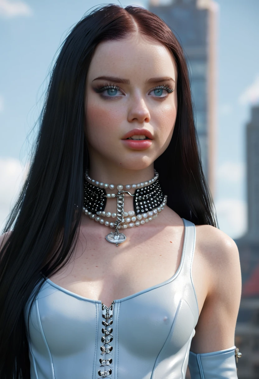 FROM ABOVE, Madelaine Petsch ((Pale Skin)), ((Pearl Skin)), ((black hair)), ((She has long, straight black hair with straight bangs above her eyebrows and light blue eyes, pale pale skin, athletic body, slim waist, wide hips and a big butt. wears a gothic look mixed with metal, tight black leather pants with platform combat boots and corsets, always with spike accessories like bracelets and chokers)), Sexy Woman ((She has long straight black hair and icy light blue eyes, pale skin, a atletic defined toned body, a thin waist, wide hips.)) Portrait ((Perfect Feminine Face)), Precision, 8K, High Detail, (Highly Detailed CG Unity 8K Wallpaper), Ultra-realistic Full Shot Body Image, Beautiful (Skinny) Sexy, Trending in CGSociety, Complex, High Definition, Sharp Focus, Dramatic, Volume Lighting, Digital painting, intense model shooting style, (highly detailed CG Unity 8K wallpaper), full-shot body photos of the most beautiful works in the world, pearl skin, professional majestic oil paintings by Ed Blinkey, Atey, Studio Ghibli, Jeremy Mann, Greg Manchez, Antonio Moro, trending on ArtStation, Trending, Incremental, High Detail, Sharp Focus, Mid Journey and dramatic and photorealistic painting art by Greg Rutkowski at CGSociety