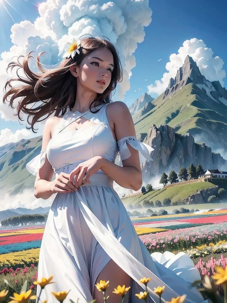 1girl, dynamic angle, cloud and mountain, (flower field:1.4) in the foreground, white dress, light tracing, (floating colorful wind:1)
(photorealistic:1.4), official art, unity 8k wallpaper, ultra detailed, beautiful and aesthetic, masterpiece,best quality, glowing skin, cinematic lighting, light smile