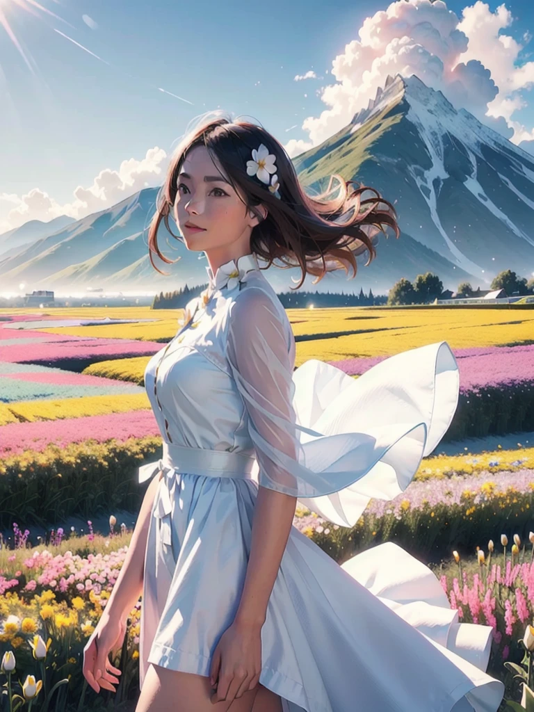 1girl, dynamic angle, cloud and mountain, (flower field:1.4) in the foreground, white dress, light tracing, (floating colorful wind:1)
(photorealistic:1.4), official art, unity 8k wallpaper, ultra detailed, beautiful and aesthetic, masterpiece,best quality, glowing skin, cinematic lighting, light smile