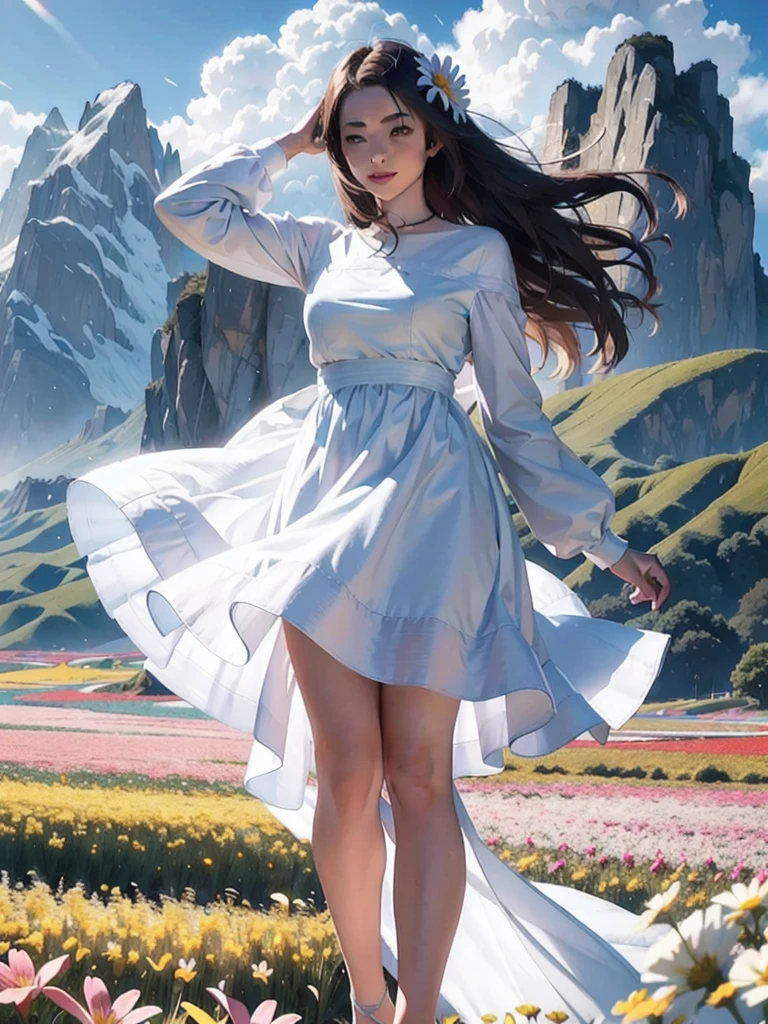 1girl, dynamic angle, cloud and mountain, (flower field:1.4) in the foreground, white dress, light tracing, (floating colorful wind:1)
(photorealistic:1.4), official art, unity 8k wallpaper, ultra detailed, beautiful and aesthetic, masterpiece,best quality, glowing skin, cinematic lighting, light smile